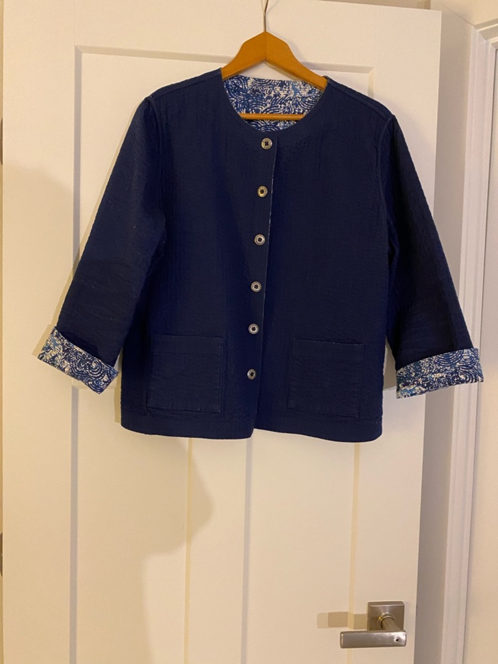 Chico’s Navy Button-Front Textured Reversible Jacket L